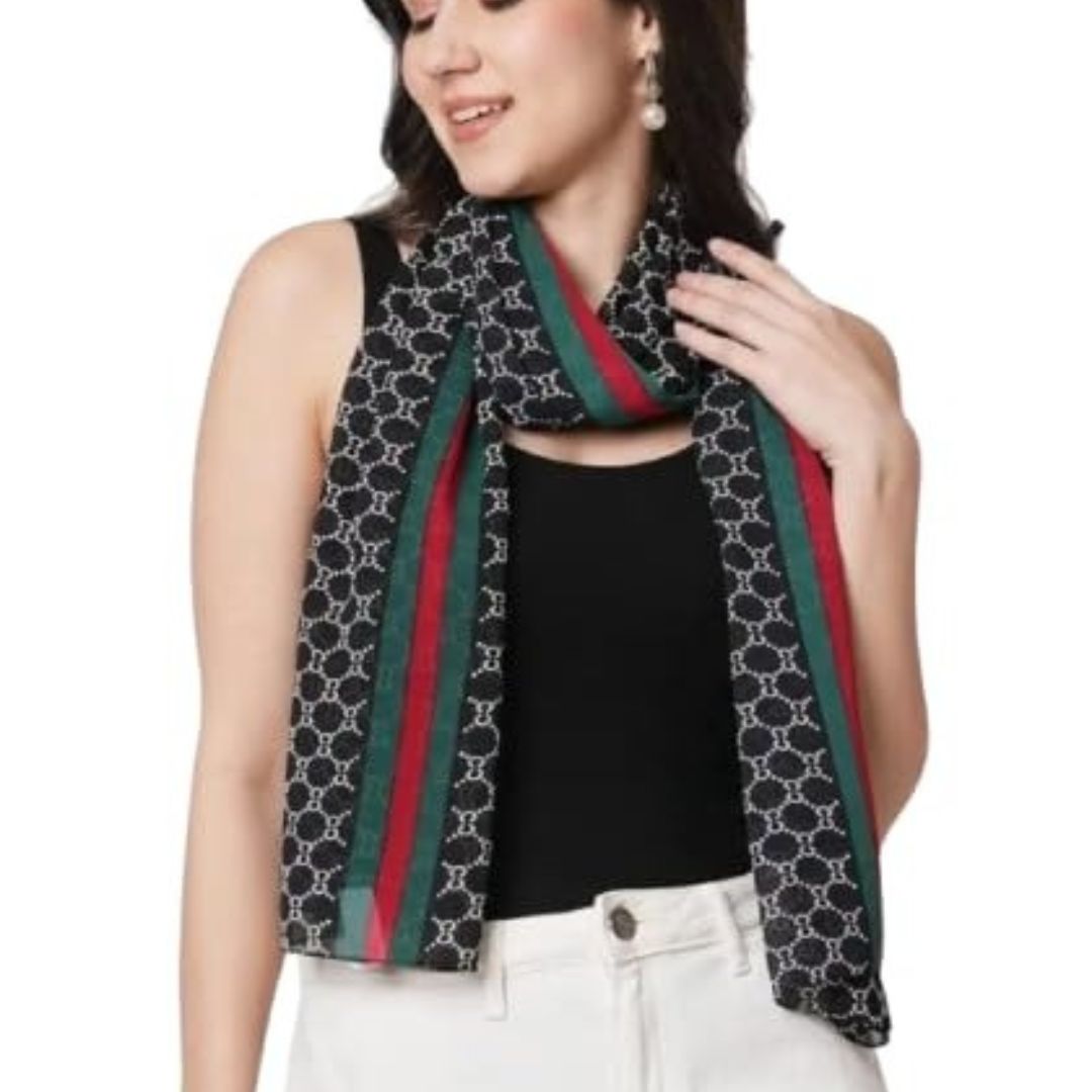 Elegant Designer Printed Stole – Black with Red & Green Accents