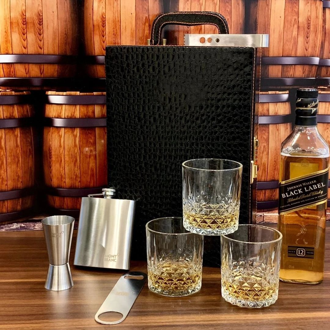 Whisky Bar Case Set of 3 Glass | Portable Bar Set | Travel Bar Case