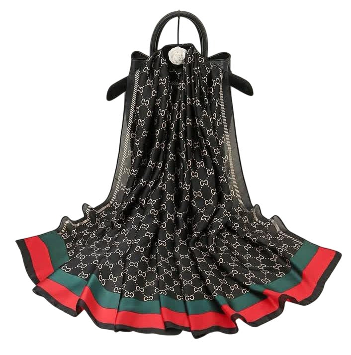 Luxury Satin Stole with Classic Print – Black & Multicolor Border