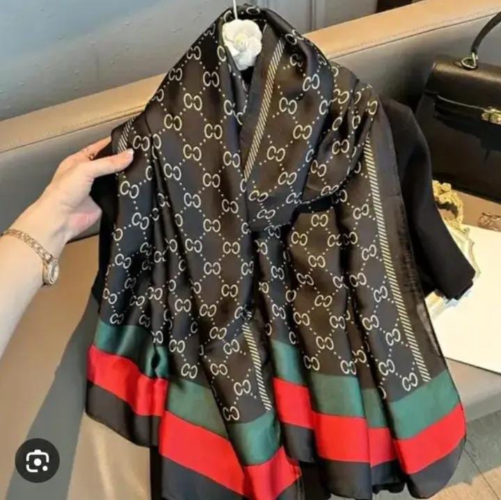 Luxury Satin Stole with Classic Print – Black & Multicolor Border