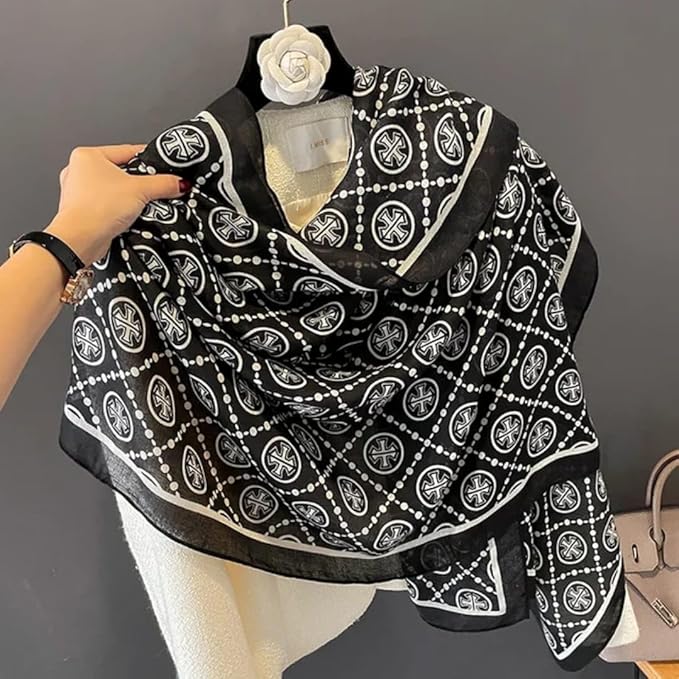 Chic Monochrome Satin Stole with Bold Pattern
