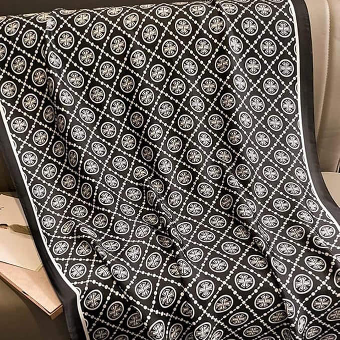Chic Monochrome Satin Stole with Bold Pattern