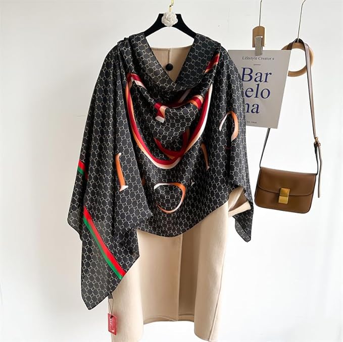 Elegant Designer Printed Stole – Black with Red & Green Accents