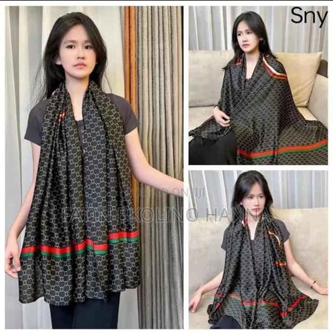 Elegant Designer Printed Stole – Black with Red & Green Accents