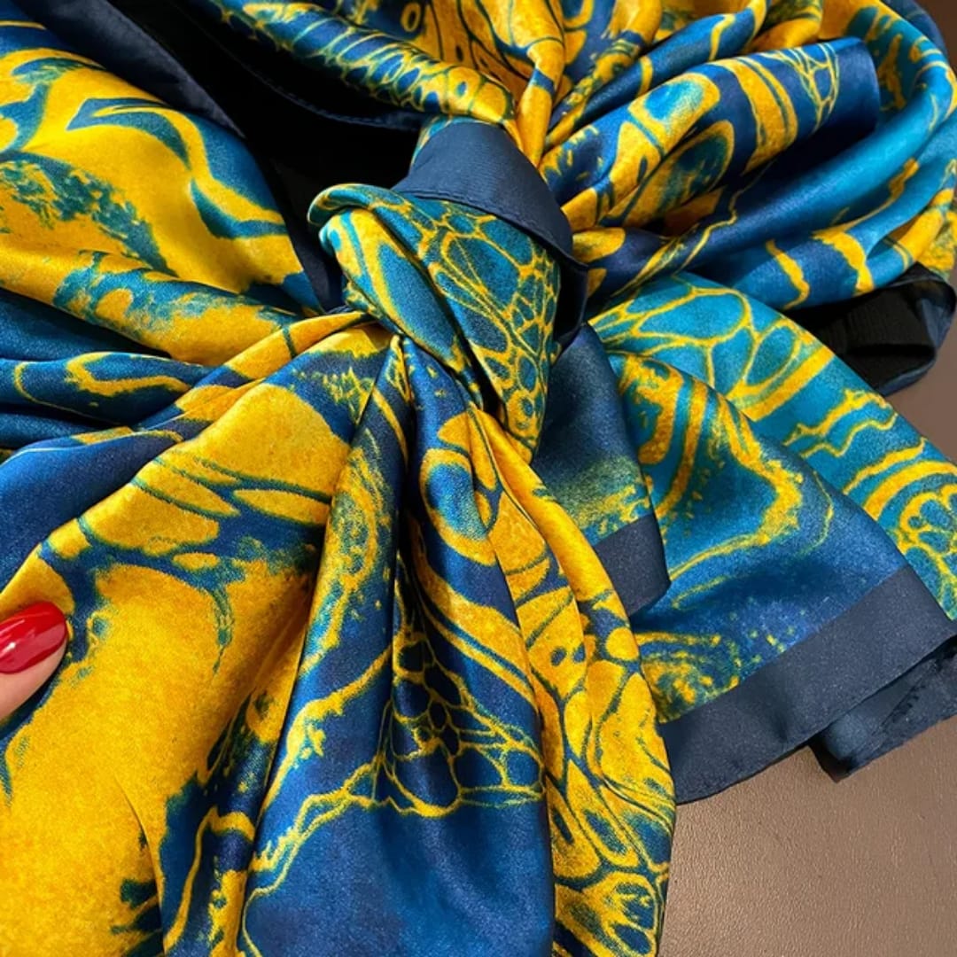 Luxury Abstract Print Stole – Blue & Golden Hues