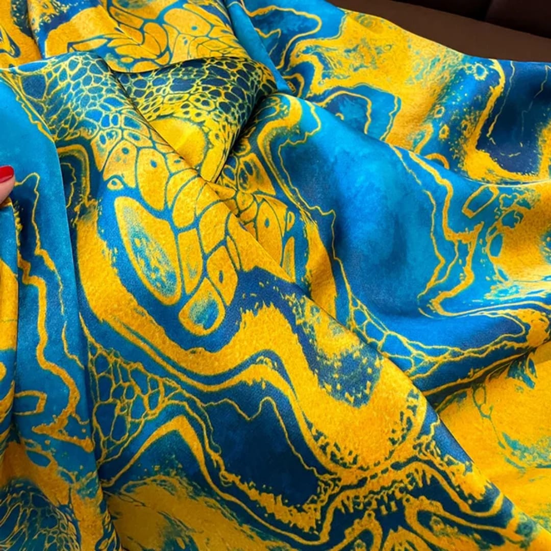 Luxury Abstract Print Stole – Blue & Golden Hues