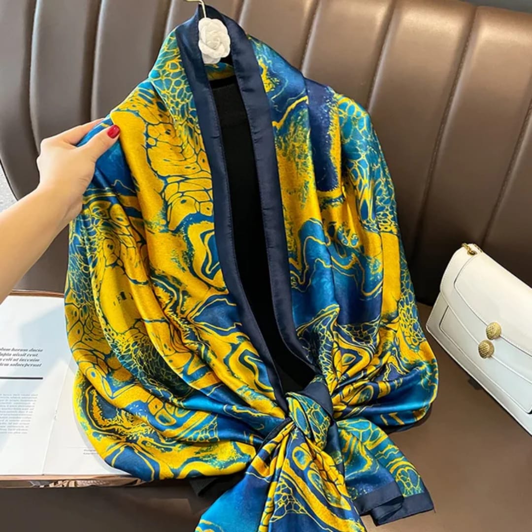 Luxury Abstract Print Stole – Blue & Golden Hues