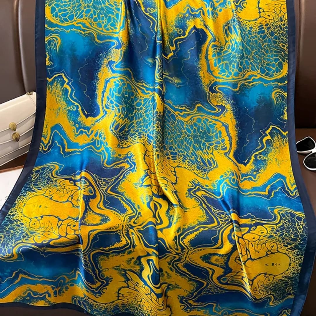 Luxury Abstract Print Stole – Blue & Golden Hues