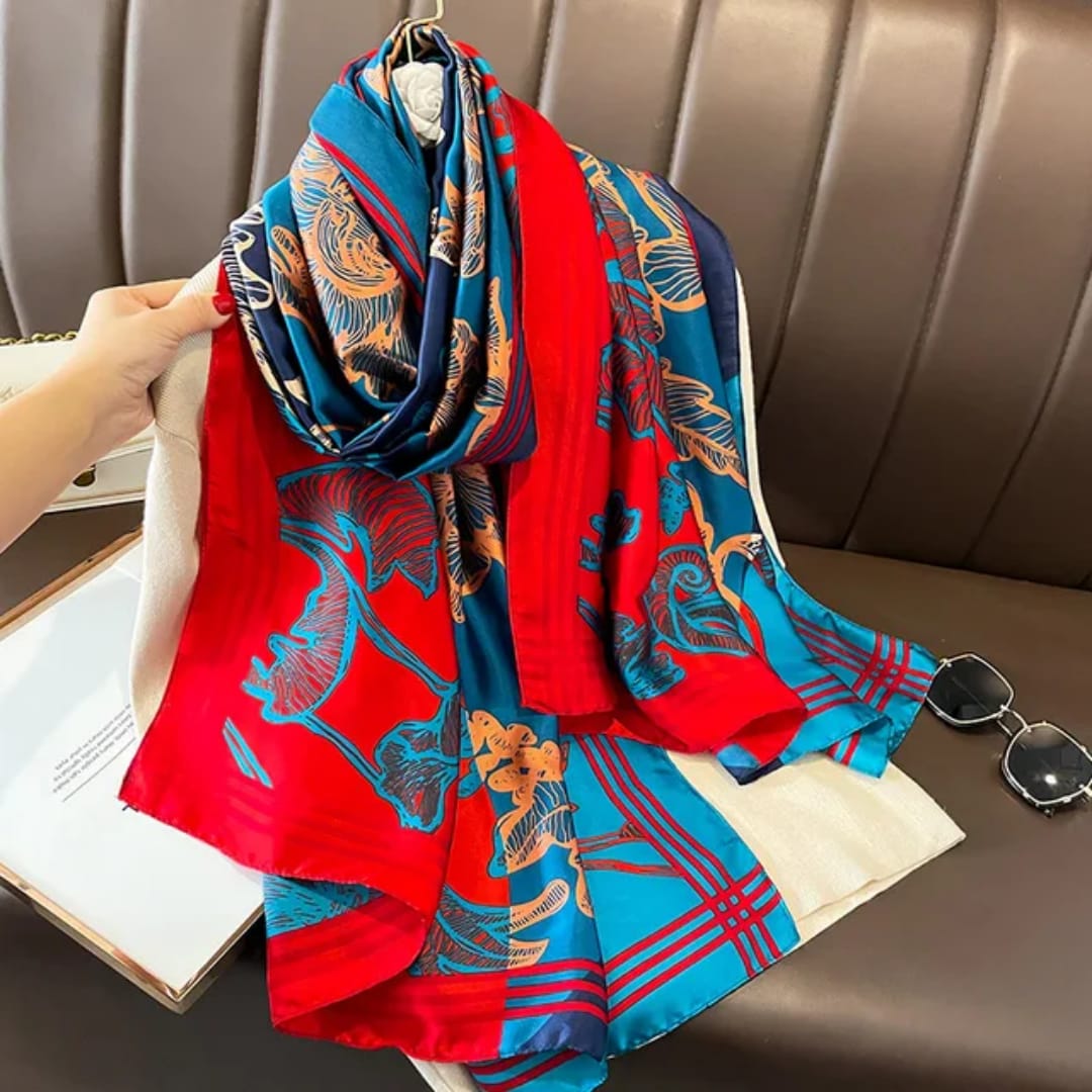 Floral Elegance Stole – Navy Blue, Teal & Red Blend