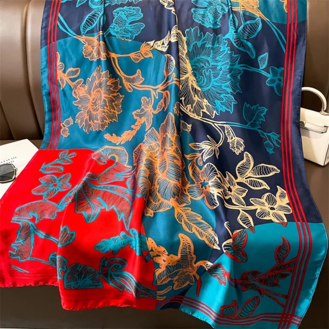 Floral Elegance Stole – Navy Blue, Teal & Red Blend