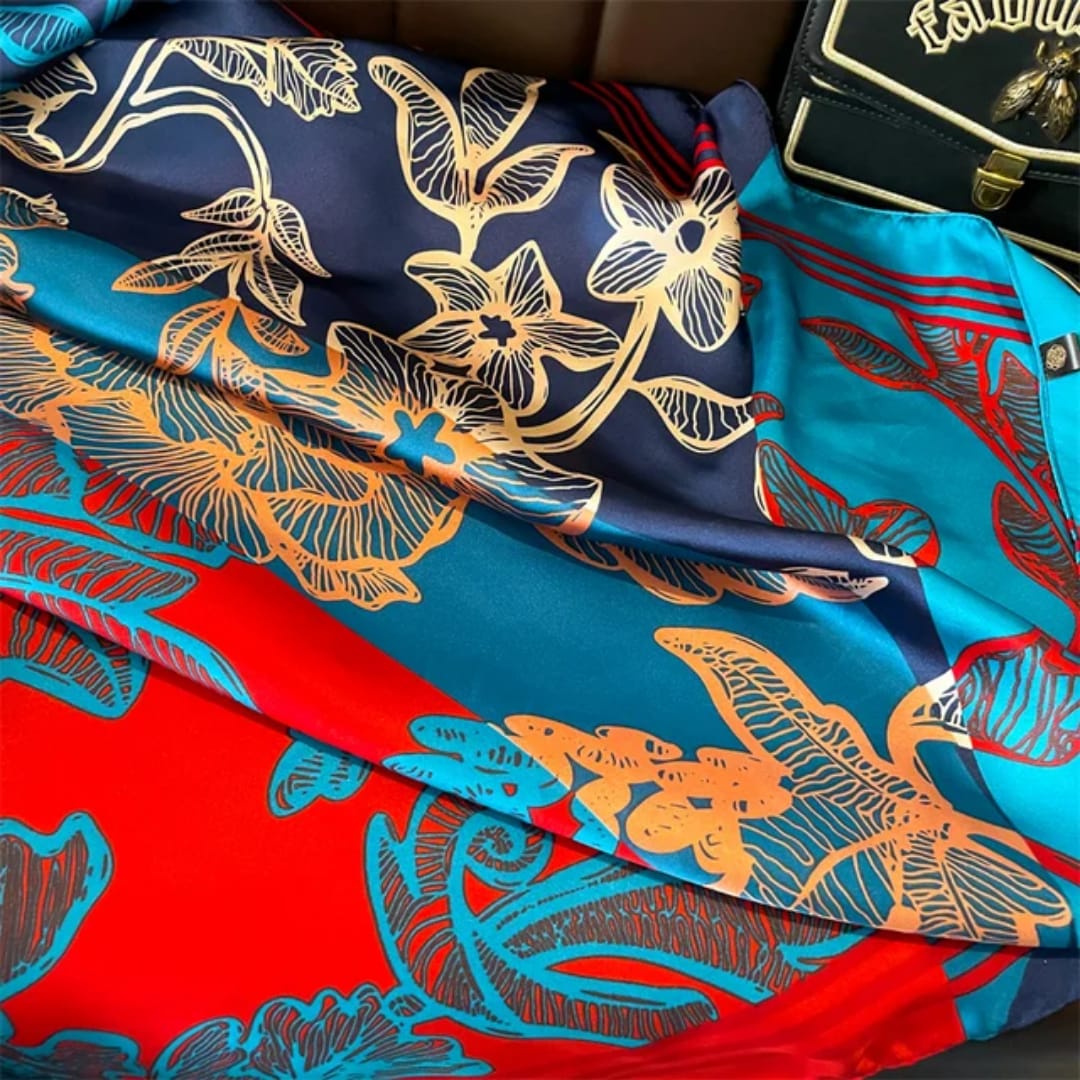 Floral Elegance Stole – Navy Blue, Teal & Red Blend