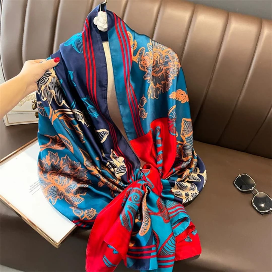 Floral Elegance Stole – Navy Blue, Teal & Red Blend