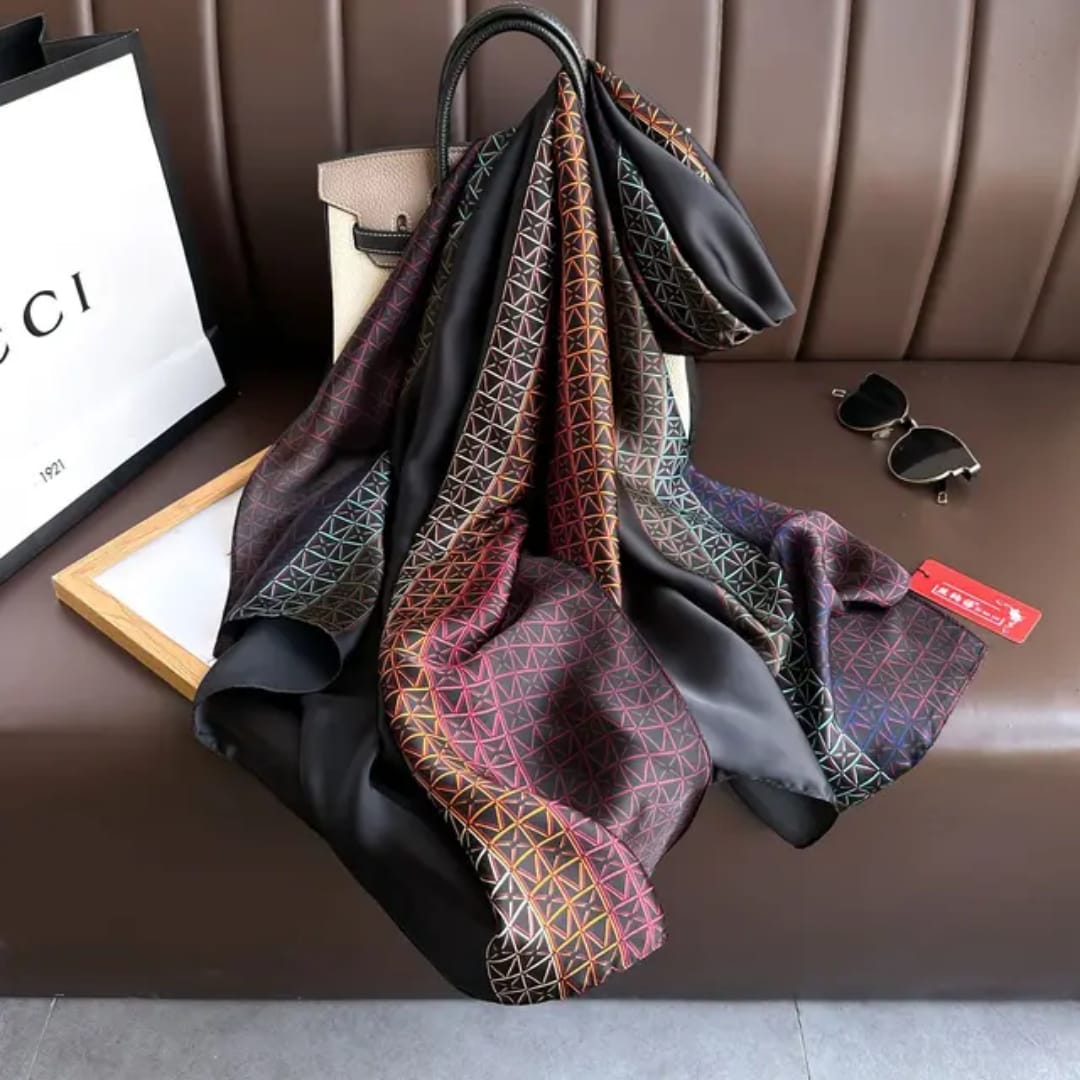 Chic Geometric Pattern Stole – Black with Vibrant Accents