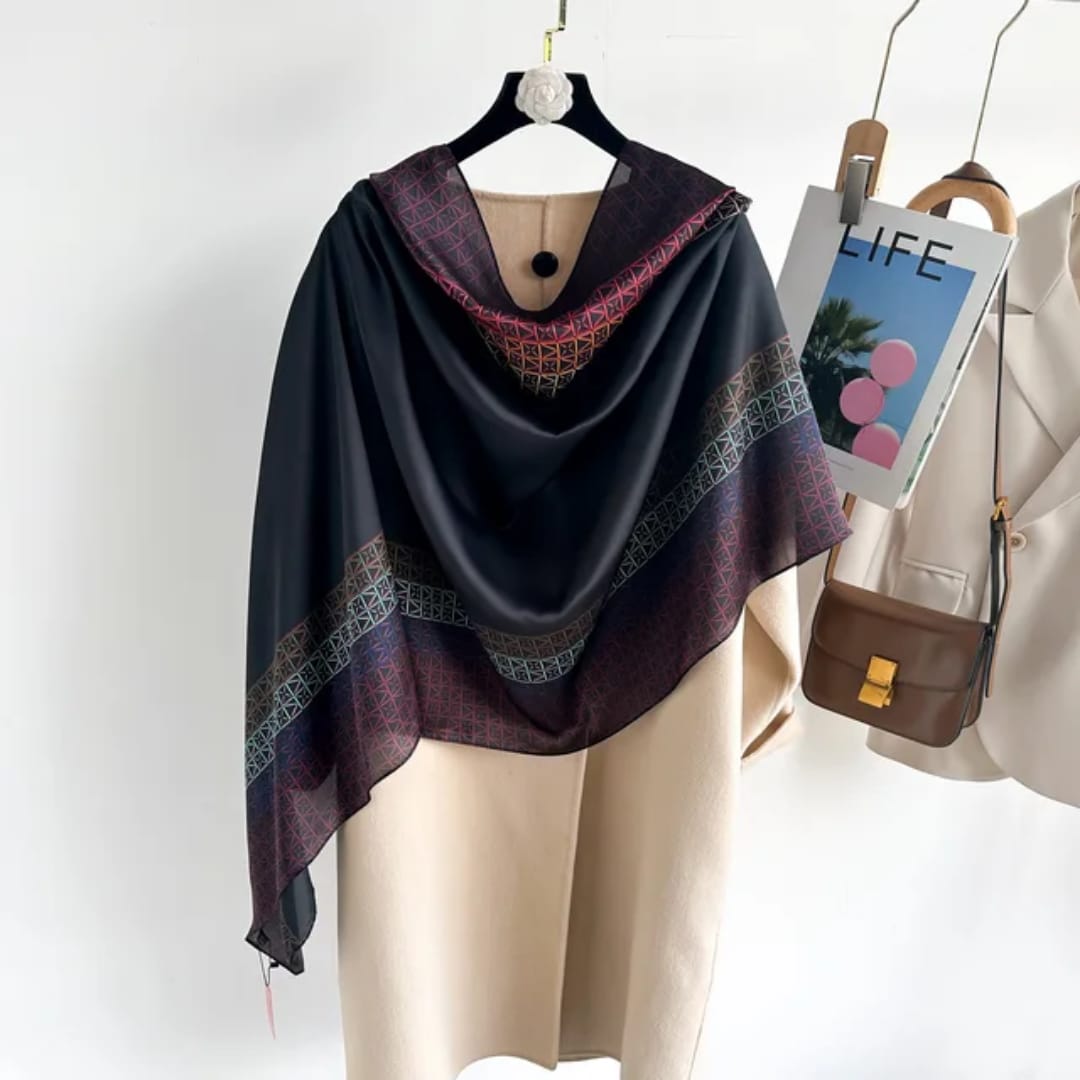 Chic Geometric Pattern Stole – Black with Vibrant Accents