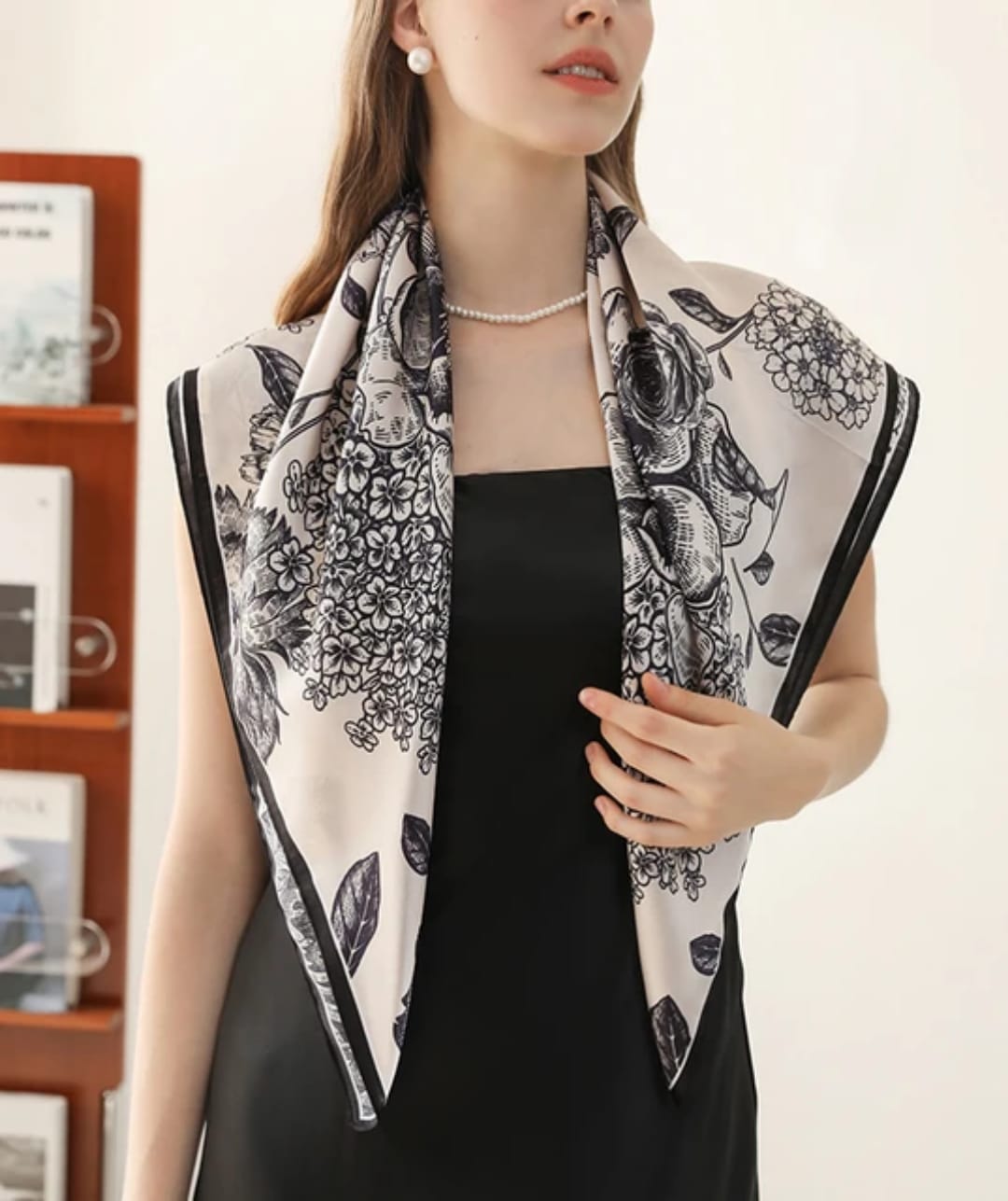 Ivory Floral Elegance Stole – Black Botanical Print