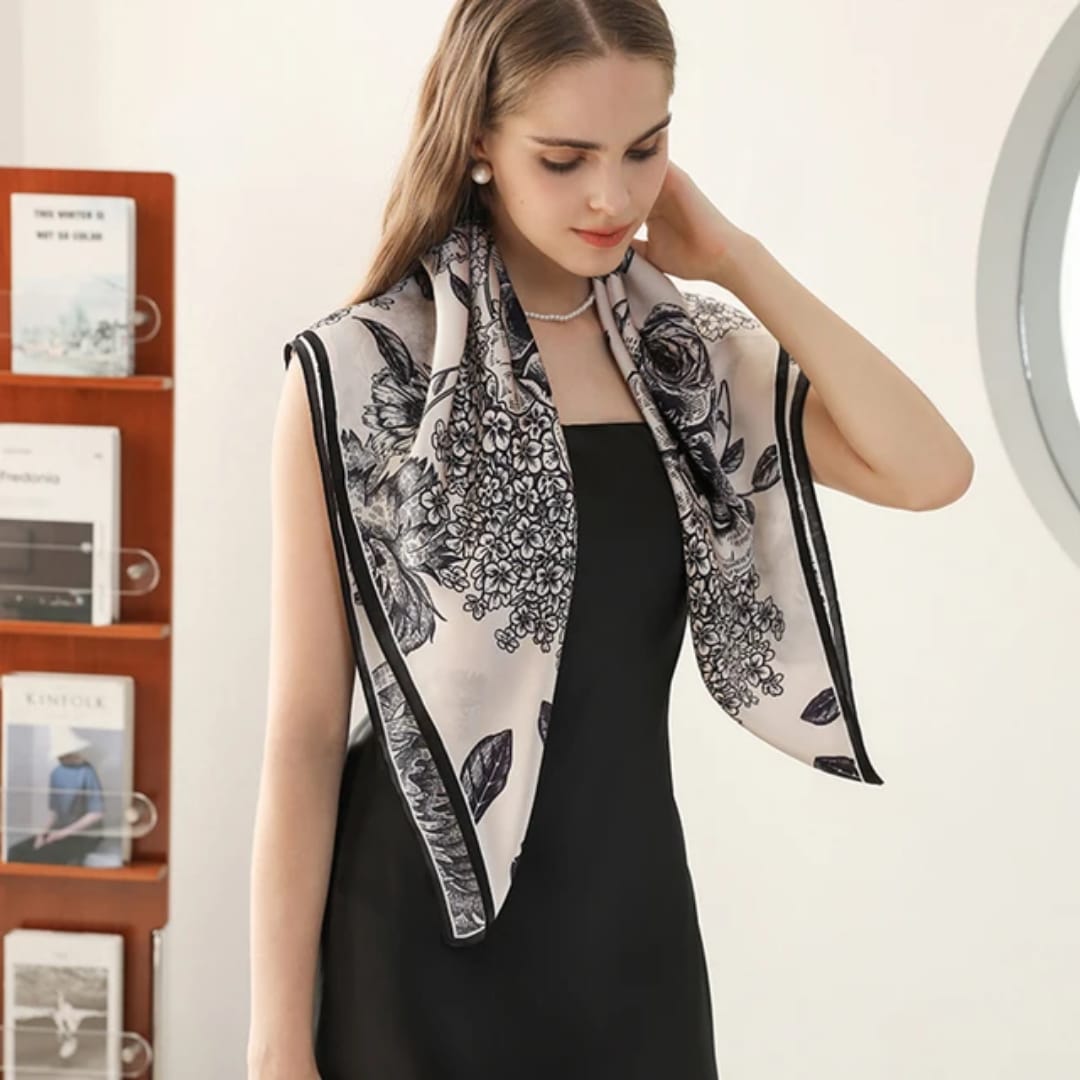 Ivory Floral Elegance Stole – Black Botanical Print