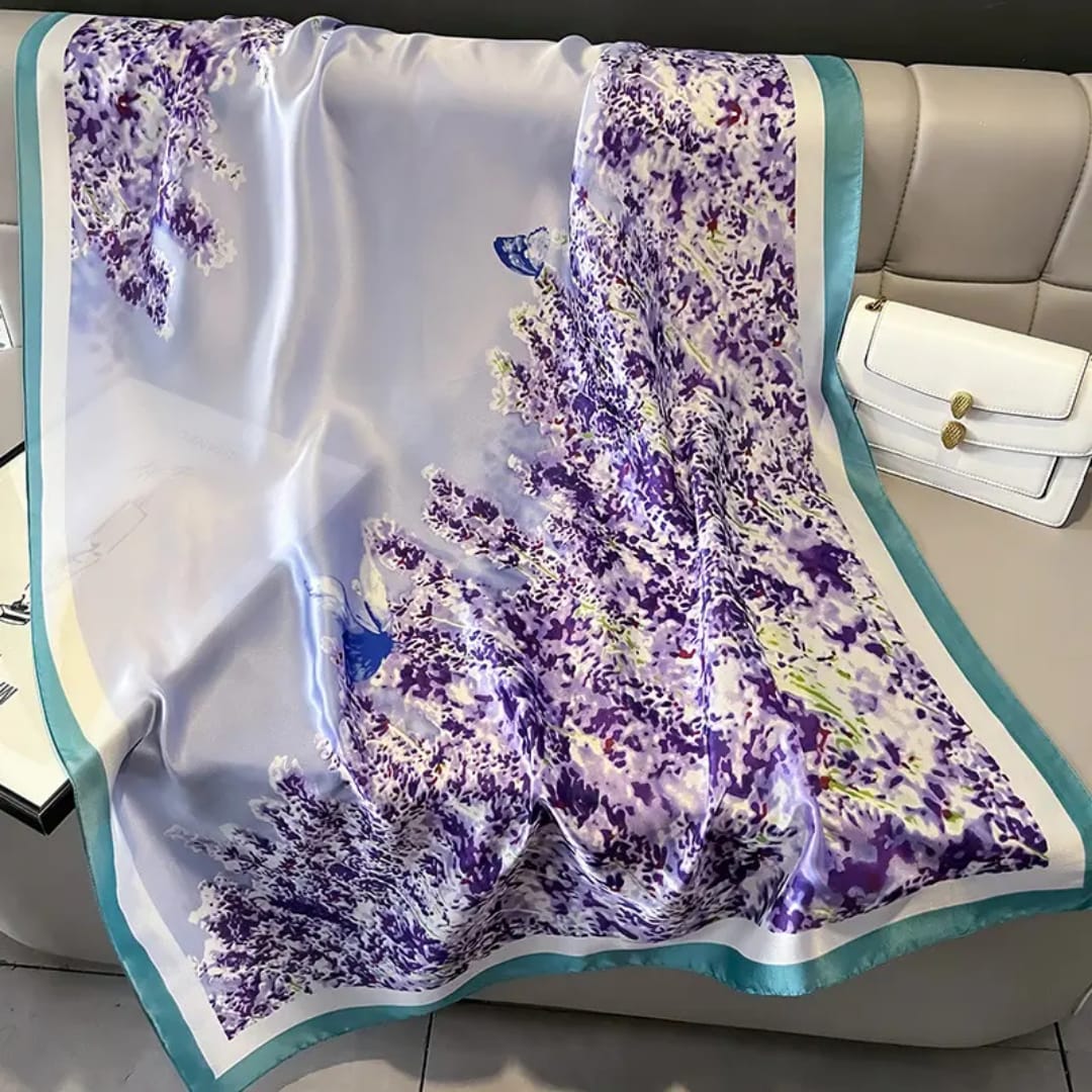 Elegant Floral Print Silk Stole – Purple & White