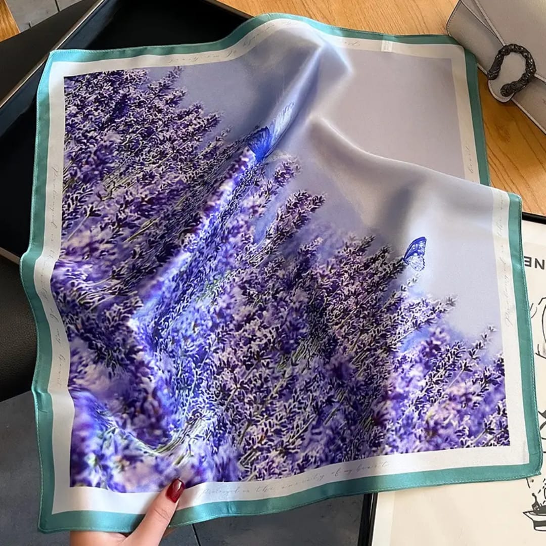 Elegant Floral Print Silk Stole – Purple & White