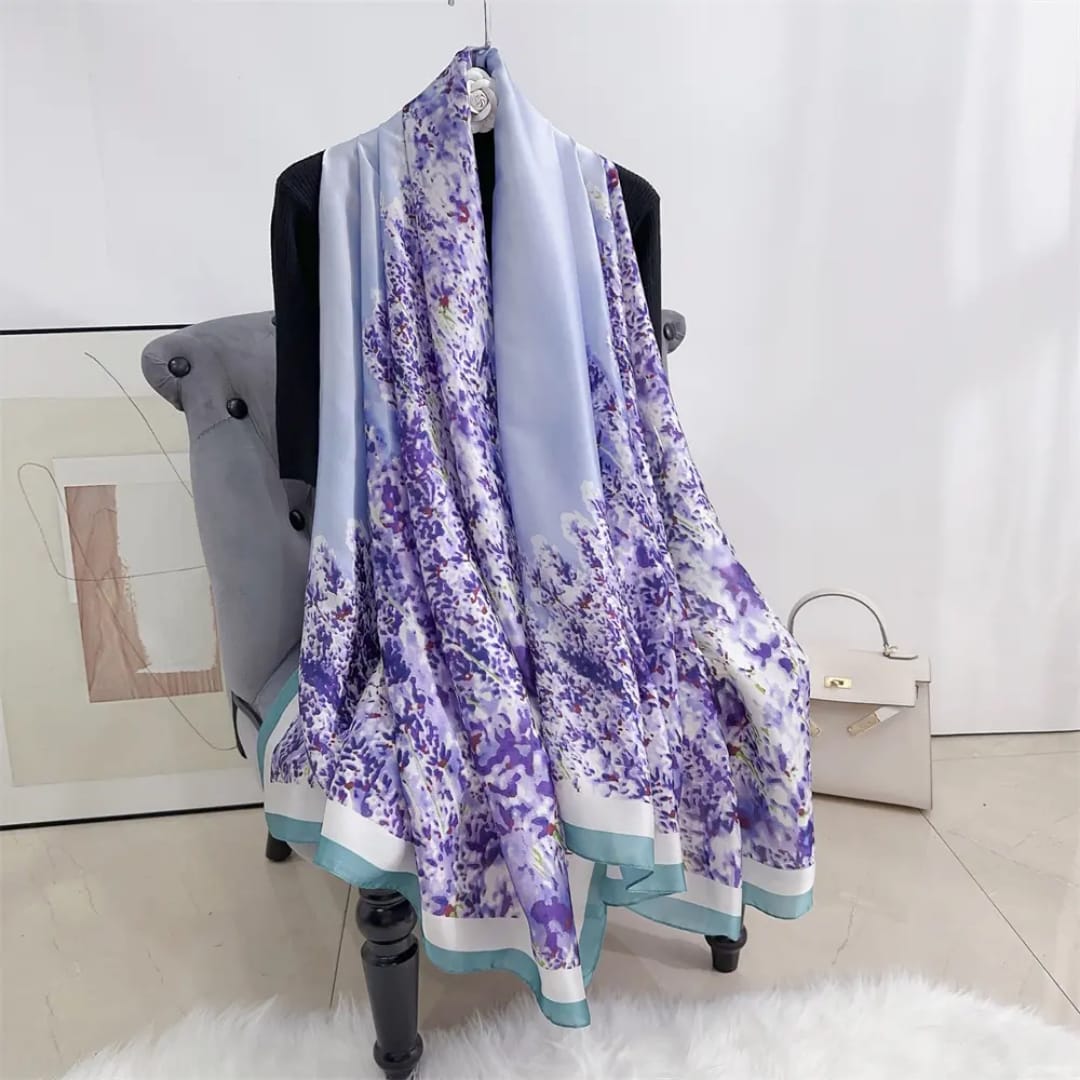 Elegant Floral Print Silk Stole – Purple & White