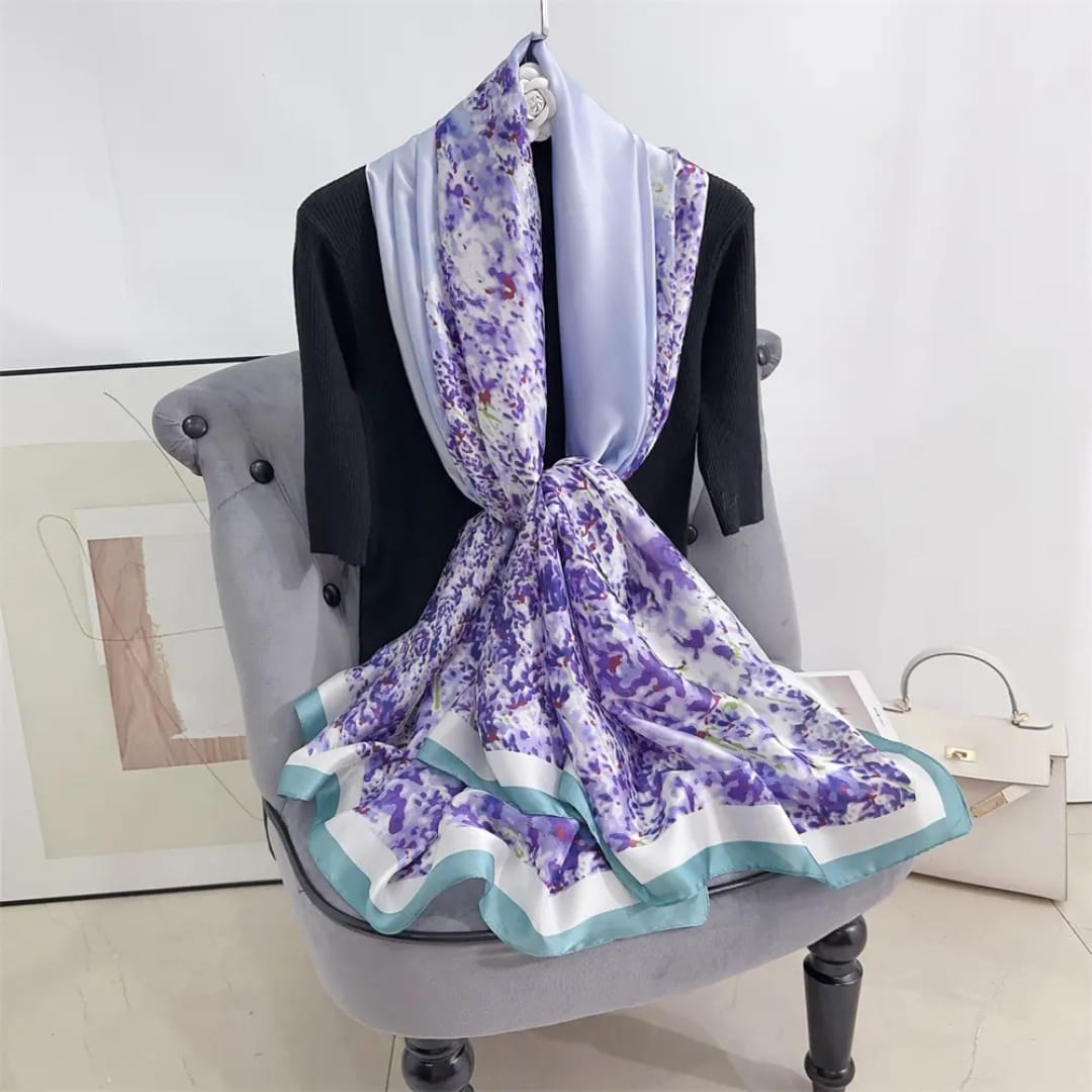 Elegant Floral Print Silk Stole – Purple & White