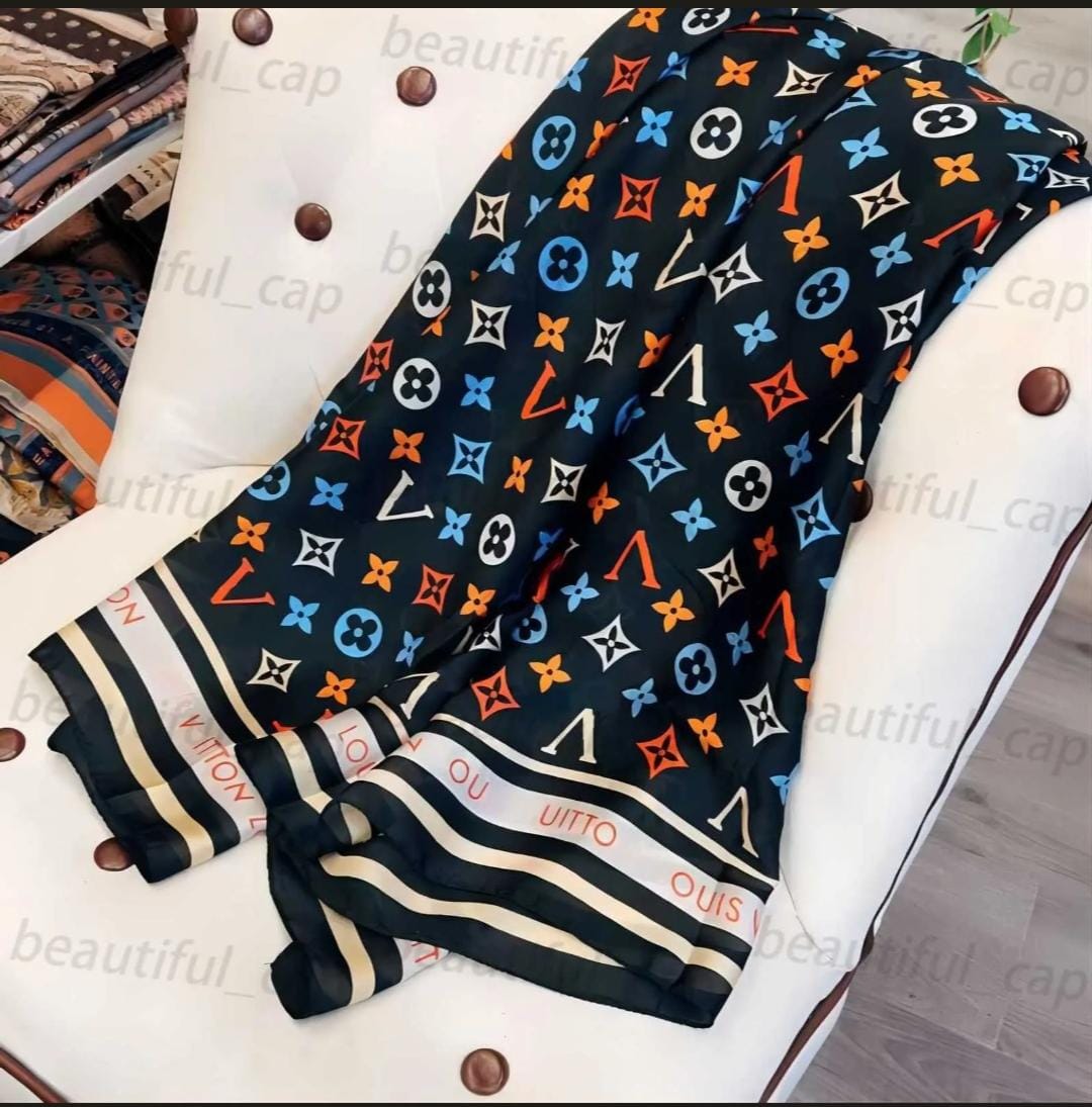 Elegant Black Multicolor Designer Satin Silk Scarf