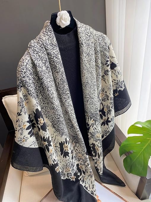 Classic Abstract Floral Satin Scarf – Black & White