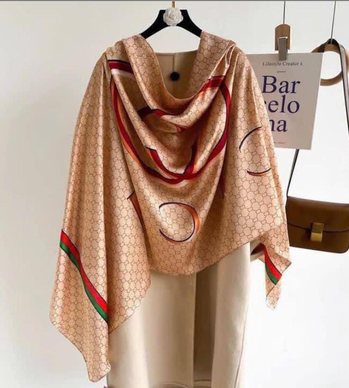 Luxury Satin Stole with Beige Print & Red-Green Border