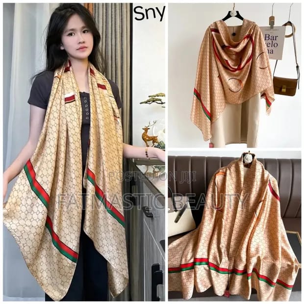 Luxury Satin Stole with Beige Print & Red-Green Border