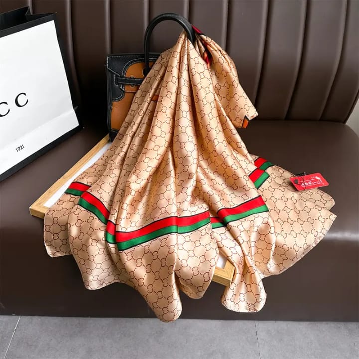 Luxury Satin Stole with Beige Print & Red-Green Border