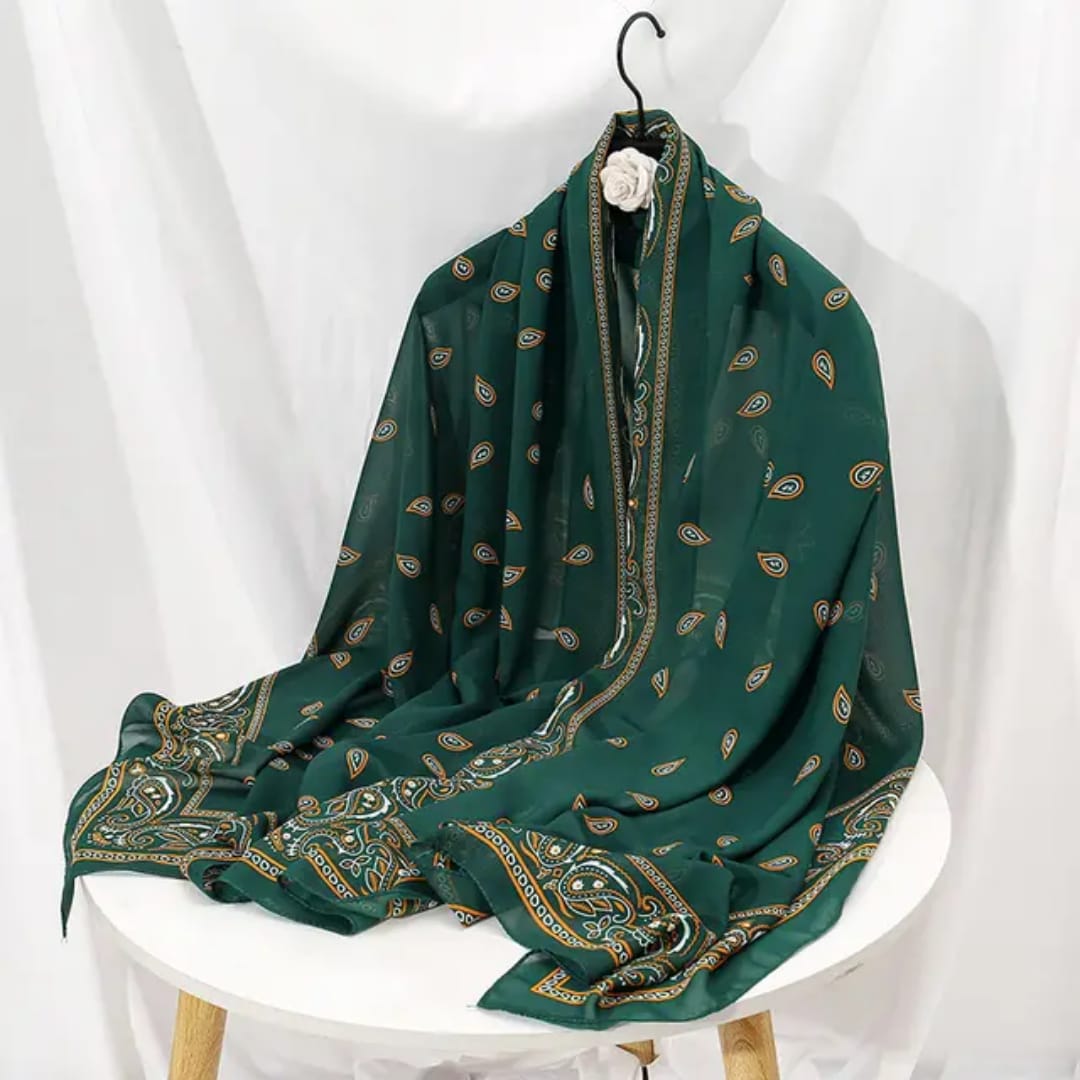 Elegant Green Paisley Silk Satin Scarf