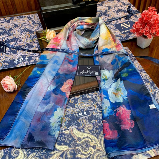 Blue Pretty Collection- Trending Floral Printed Silk Scarves & Stoles Wrap