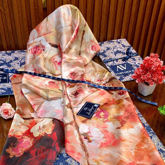 Pink Red Gradient Pretty Collection- Trending Floral Printed Silk Scarves & Stoles Wrap