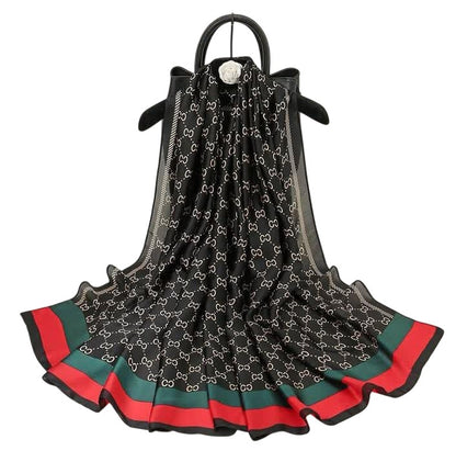 Luxury Satin Stole with Classic Print – Black & Multicolor Border