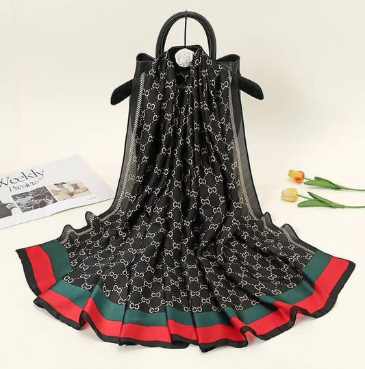 Luxury Satin Stole with Classic Print – Black & Multicolor Border