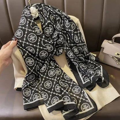 Chic Monochrome Satin Stole with Bold Pattern