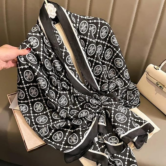Chic Monochrome Satin Stole with Bold Pattern