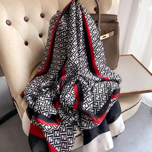 Modern Geometric Satin Stole with Red Accents