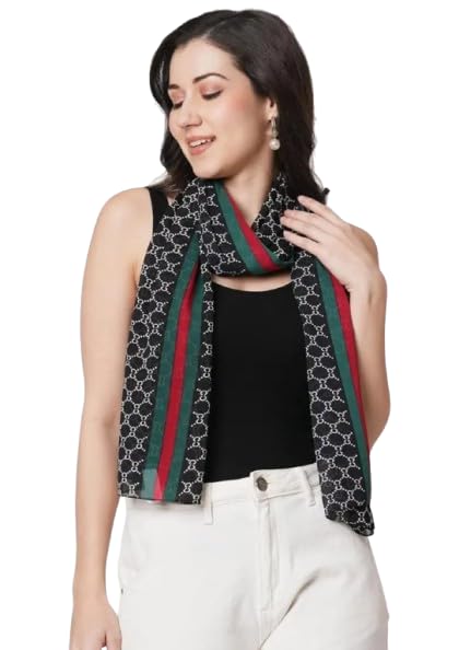 Elegant Designer Printed Stole – Black with Red & Green Accents