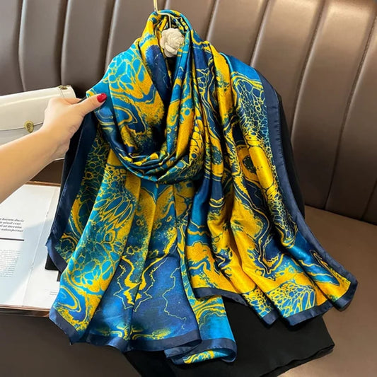 Luxury Abstract Print Stole – Blue & Golden Hues