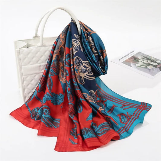 Floral Elegance Stole – Navy Blue, Teal & Red Blend