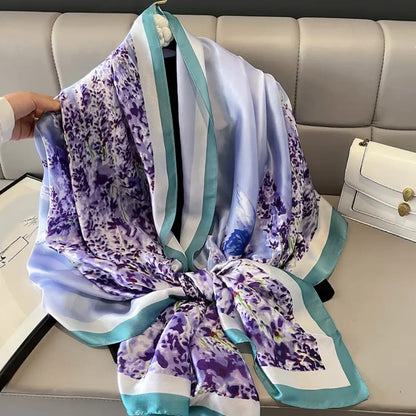 Elegant Floral Print Silk Stole – Purple & White