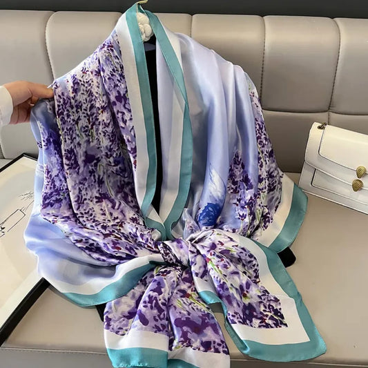 Elegant Floral Print Silk Stole – Purple & White