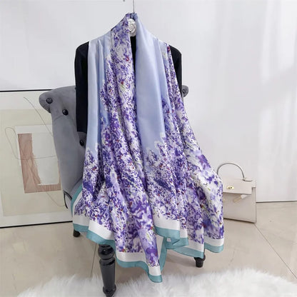 Elegant Floral Print Silk Stole – Purple & White