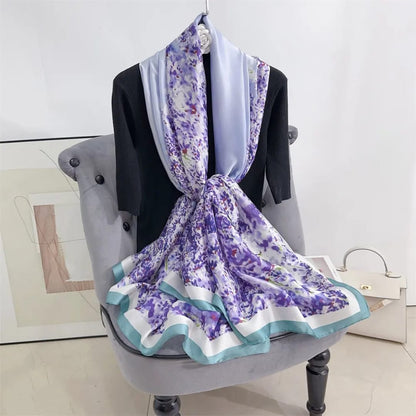 Elegant Floral Print Silk Stole – Purple & White