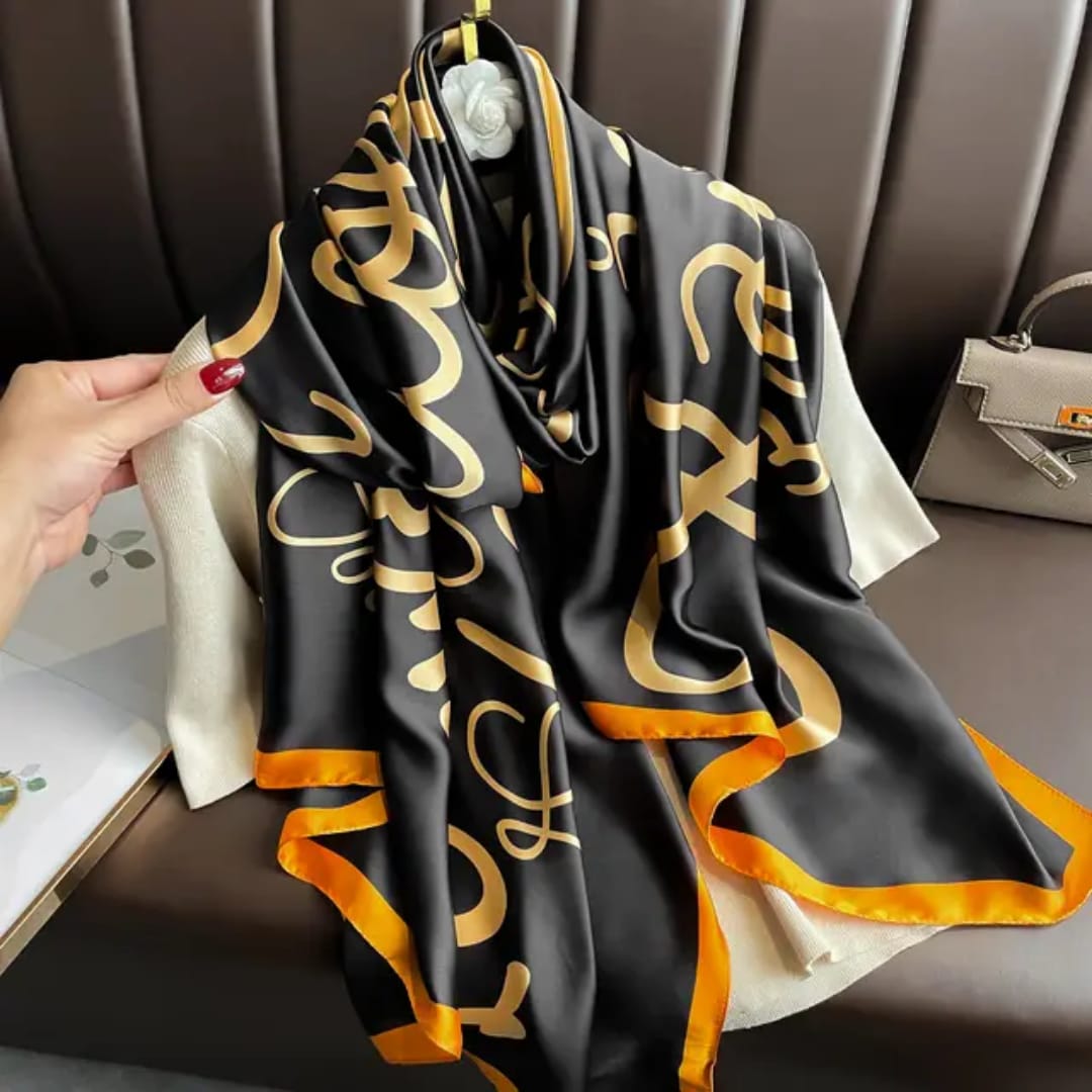 Premium Black & Gold Designer Silk Satin Scarf