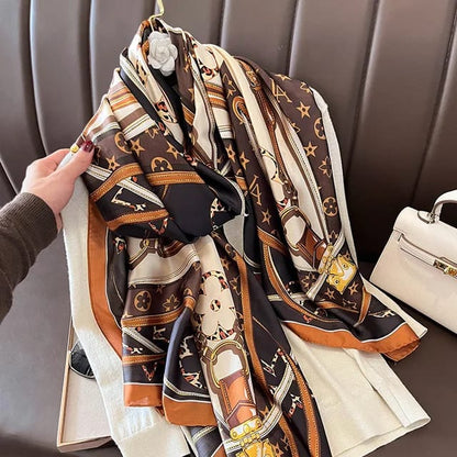 Elegant Brown & Cream Designer Silk Satin Scarf