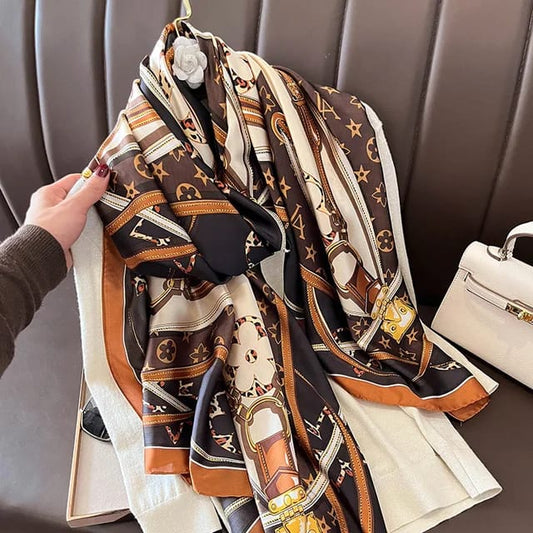 Elegant Brown & Cream Designer Silk Satin Scarf