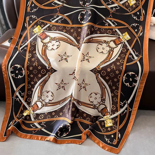 Elegant Brown & Cream Designer Silk Satin Scarf