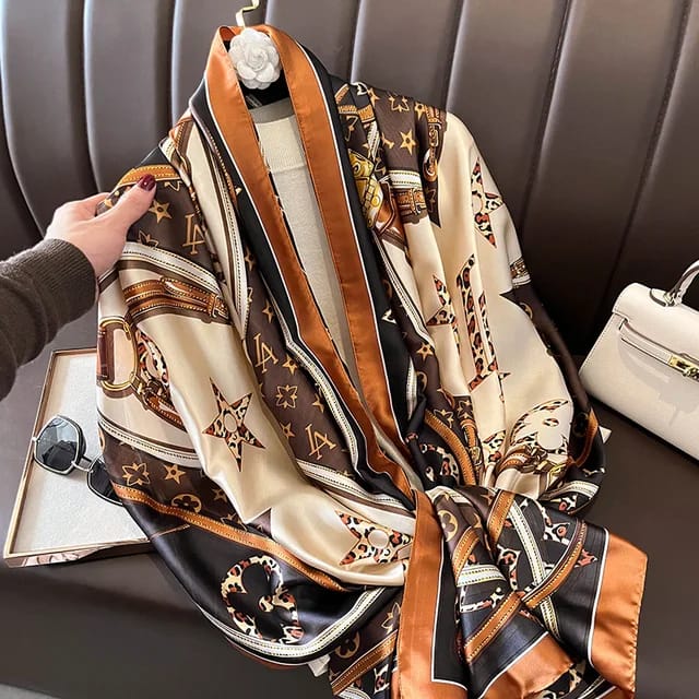 Elegant Brown & Cream Designer Silk Satin Scarf