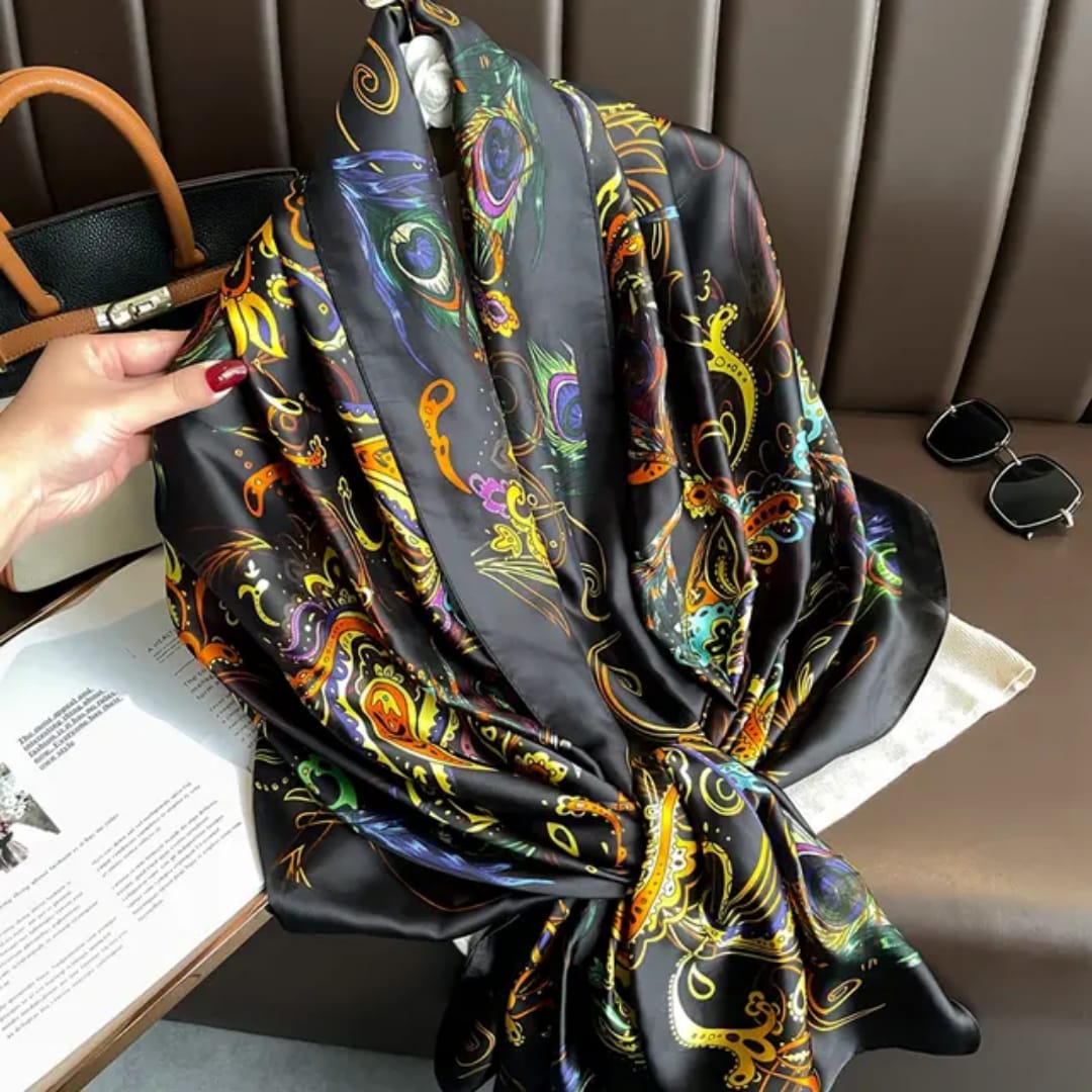Luxurious Black Multicolor Peacock Print Silk Satin Scarf